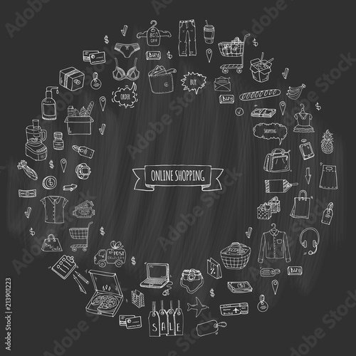 Hand drawn doodle set of Online shopping icons. Vector illustration set. Cartoon buying symbols. Sketchy elements collection: laptop, sale, food, grocery, clothing, cart, wallet, credit card, tag, bag