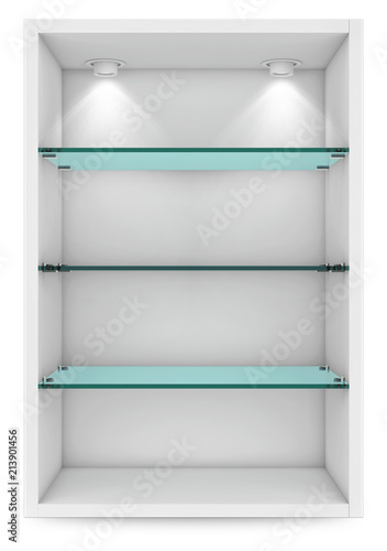 Empty white showcase with glass shelves for exhibition. islolated on white with clipping path. 3d rendering