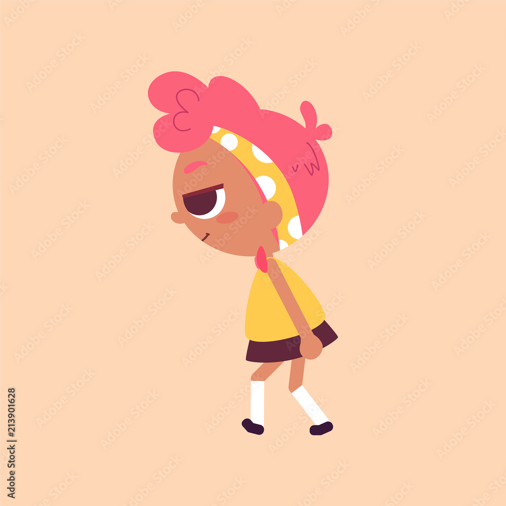 Vector illustration of a cute girl, character design. Dark skin beauty with pink hair. Cartoon art.  