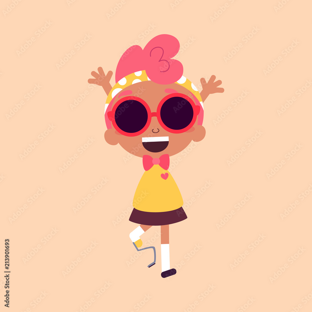 Fototapeta premium Vector illustration of a cute girl, character design. Dark skin beauty with pink hair. Cartoon art. Alternatively able. Children with special needs. Prosthetic appliance