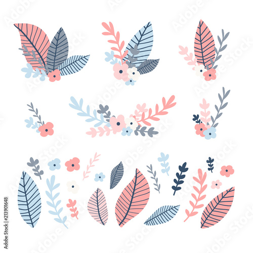 Design flower set. Illustration with bouquet leaf and floral and brunch. Collection pink and blue natural decoration. Summer flower element. Vector
