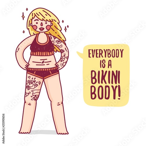 Design banner with plus size blonde girl. Poster with cartoon character of a woman. Fat girl with tattoo in swimsuit for body positive illustration. Female model overweight for summer beach. Vector