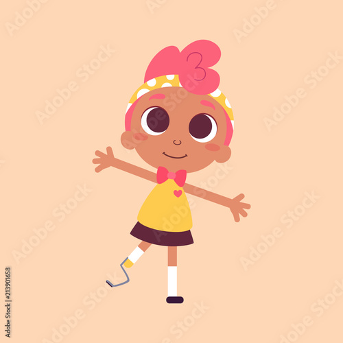 Vector illustration of a cute girl, character design. Dark skin beauty with pink hair. Cartoon art. Alternatively able. Children with special needs. Prosthetic appliance