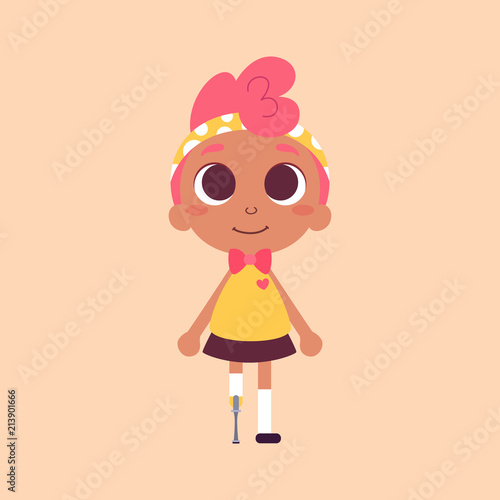 Vector illustration of a cute girl, character design. Dark skin beauty with pink hair. Cartoon art. Alternatively able. Children with special needs. Prosthetic appliance