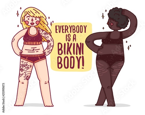 Design summer banner with group of girls plus size in swimsuits. Body positive poster with white and afro girl for bikini body. Illustration with cute female with overweight and stretch marks. Vector
