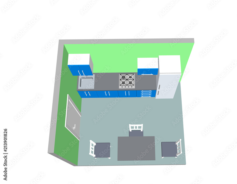 Interior kitchen room. 3d Vector illustration. Top view. Interior kitchen room. 3d Vector illustration. Top view.