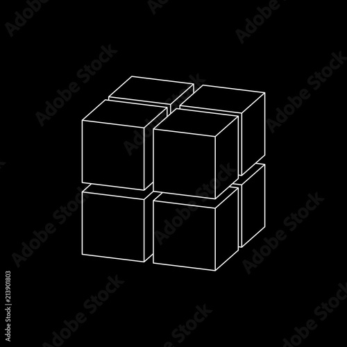 Abstract 3d cube from cubes. Dimetric projection. Vector outline illustration.