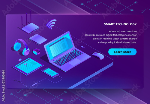 Vector 3d isometric template for site construction with violet laptop, router with wi-fi. Ultraviolet computer, smartphone and headphones with tablet. Portal with smart devices, wireless technology.