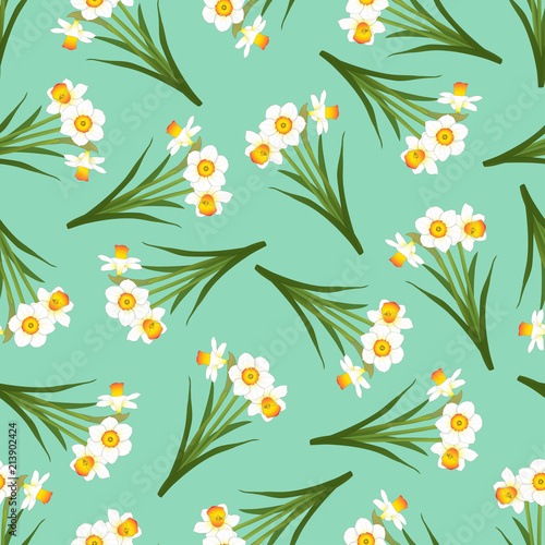 Fototapeta Naklejka Na Ścianę i Meble -  White Daffodil - Narcissus Seamless on Green Mint Background