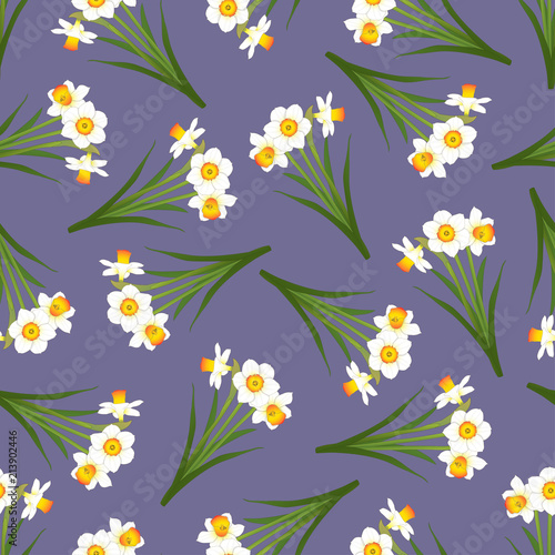 Fototapeta Naklejka Na Ścianę i Meble -  White Daffodil - Narcissus Seamless on Purple Background