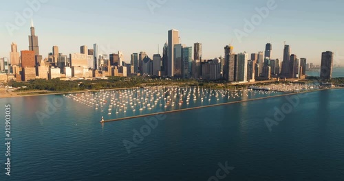 Wallpaper Mural Aerial view above Lake Michigan with Chicago skyline panorama. Boats parked at the marina Torontodigital.ca