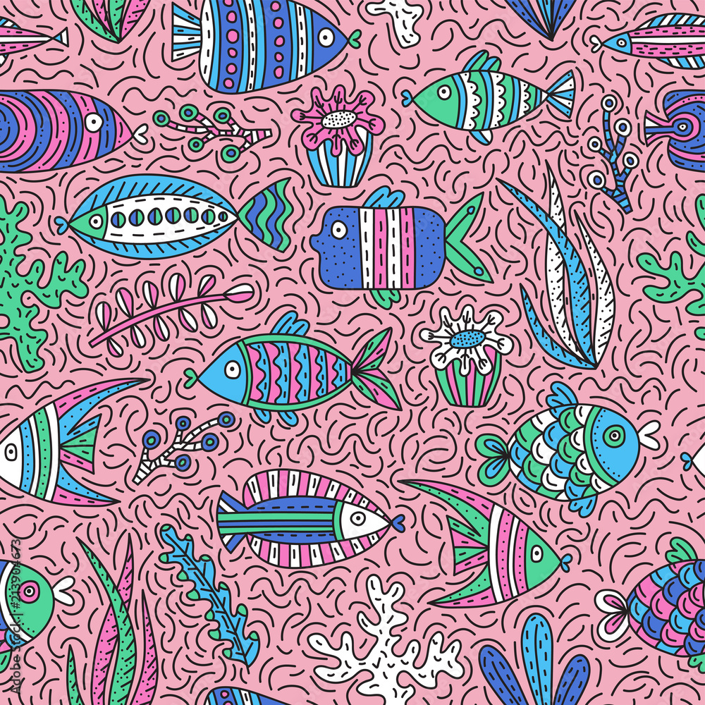 Naklejka premium Seamless pattern with cute fishes and seaweeds