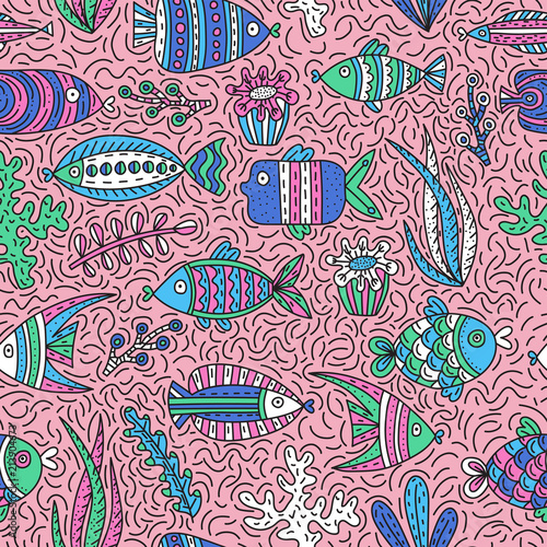 Seamless pattern with cute fishes and seaweeds