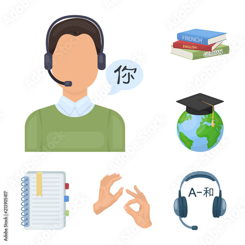 Translator and linguist cartoon icons in set collection for design. Interpreter vector symbol stock web illustration.
