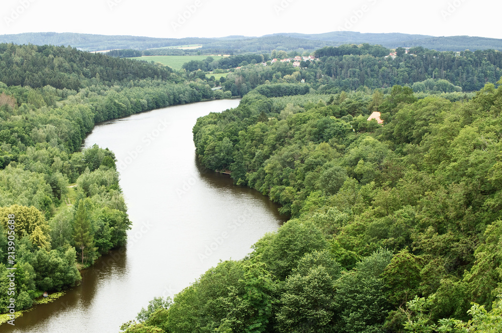 River Vltava near confluence with Luznice. Tyn nad Vltavou. Czech republic. Romantic natural scenery. 