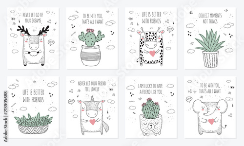 Vector set of postcards with animals, house plants and slogan about friend