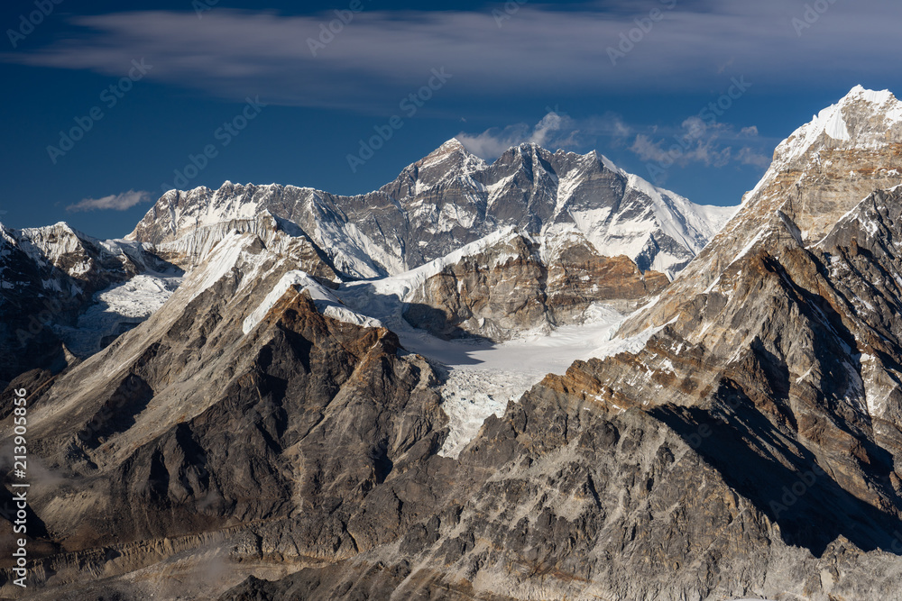 Everest, Nuptse, Lhotse mountain peak view from Mera la pass, Everest region, Nepal Everest, Nuptse, Lhotse mountain peak view from Mera la pass, Everest region, Nepal