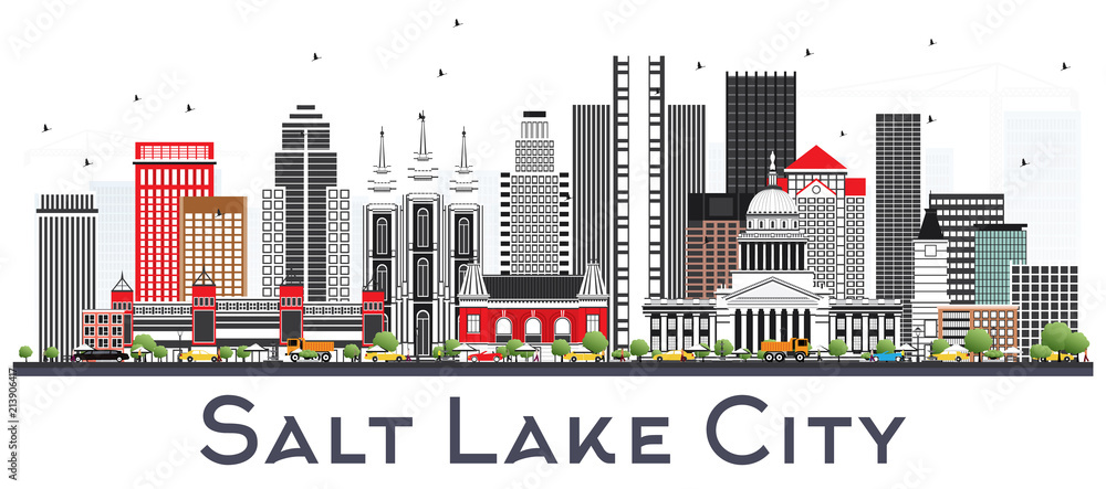 Salt Lake City Utah City Skyline with Gray Buildings Isolated on White.