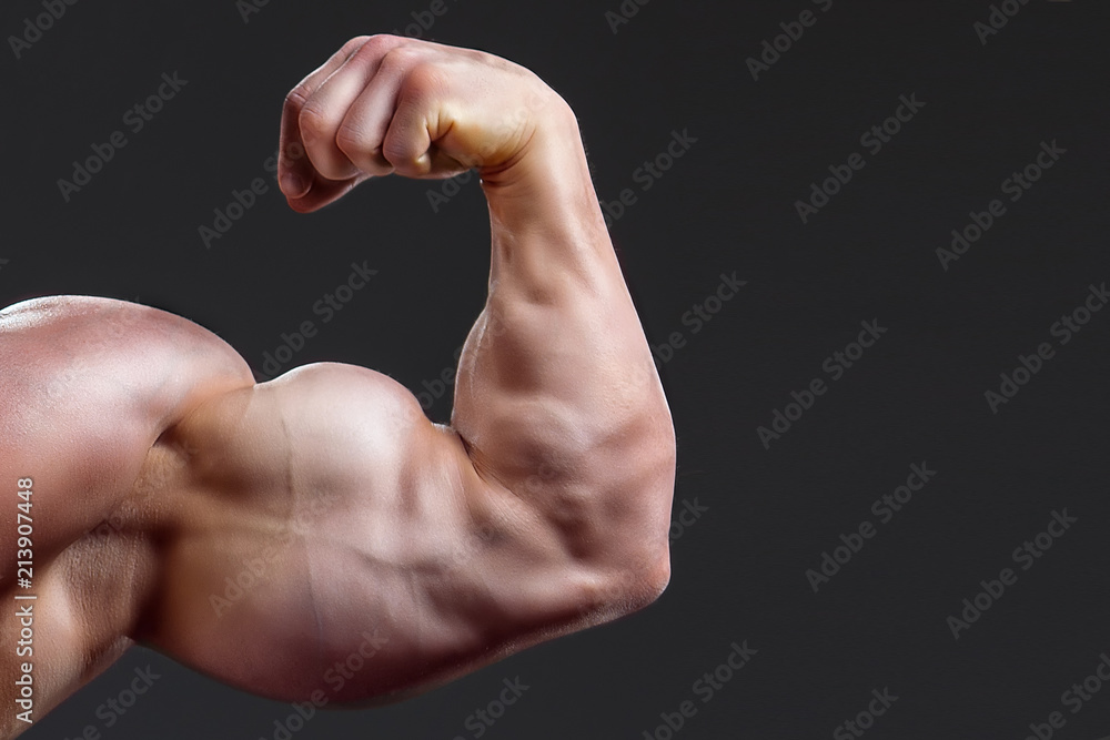 Bodybuilding Naked Male Arm With Biceps On Grey Background Muscular