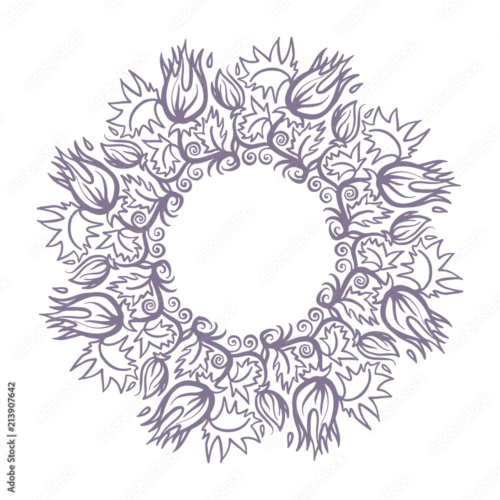 Round Hand Drawn mandala shape flowers and herbs vintage frame floral elements on white background Round Hand Drawn mandala shape flowers and herbs vintage frame floral elements on white background