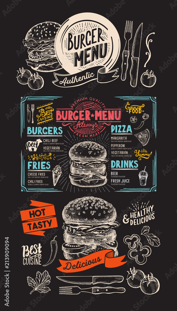 Fototapeta premium Food menu for burger restaurant. Vector food flyer for bar and cafe. Design template with vintage hand-drawn illustrations.