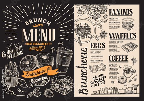 Brunch restaurant menu. Vector food flyer for bar and cafe. Design template on blackboard background with vintage hand-drawn illustrations.