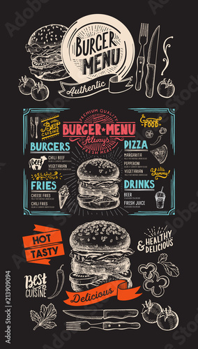 Food  menu for burger restaurant. Vector food flyer for bar and cafe. Design template with vintage hand-drawn illustrations.