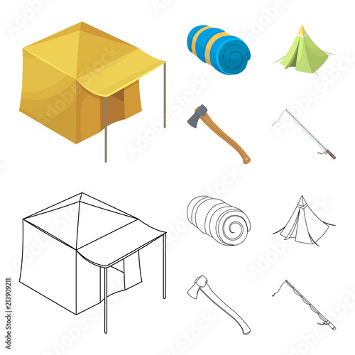 Tent with awning, ax and other accessories.Tent set collection icons in cartoon,outline style vector symbol stock illustration web.