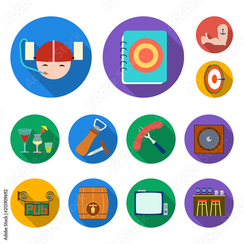 Pub, interior and equipment flat icons in set collection for design. Alcohol and food vector symbol stock web illustration.