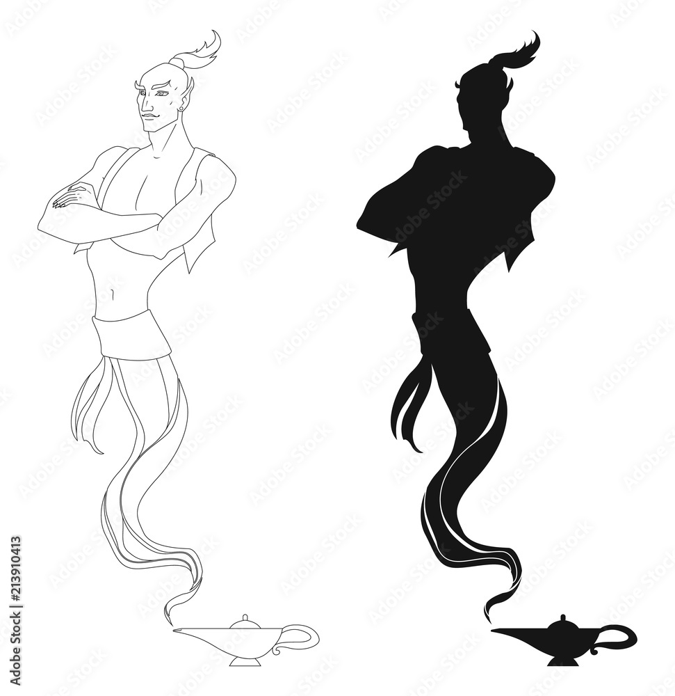 Vector silhouette and line art of an Arabic genie lamp isolated on a white background.
Vector silhouette and line art of an Arabic genie lamp isolated on a white background.