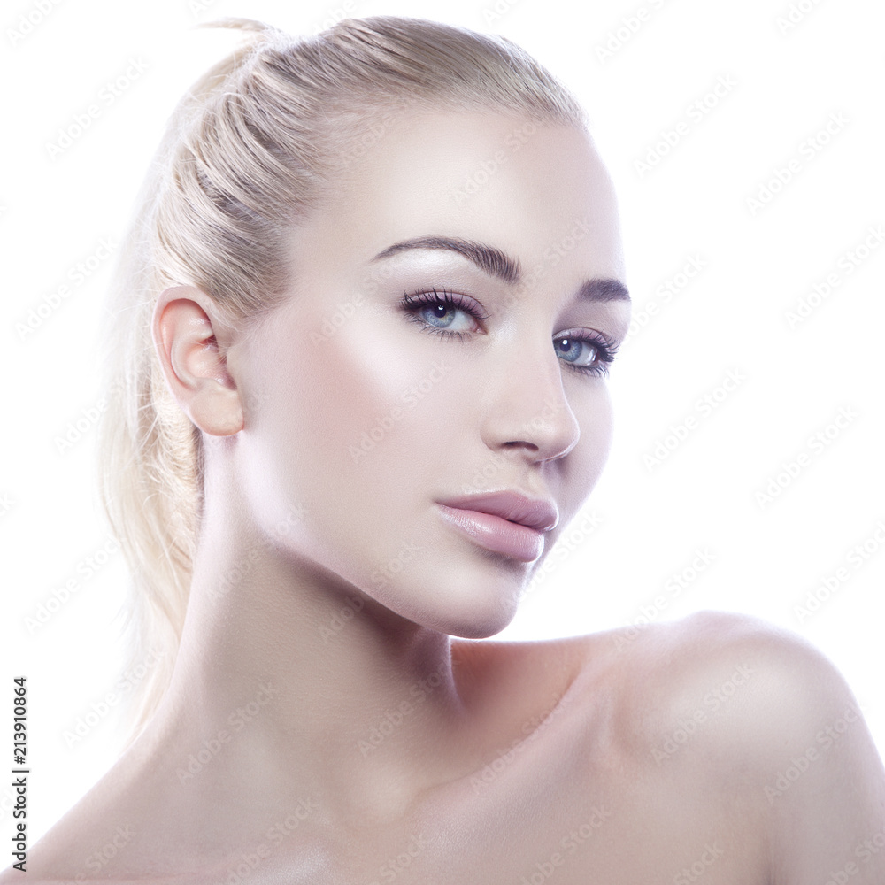 Beauty blonde hair model girl face with blue eyes, perfect lips, natural  nude make-up over white background. Skincare facial treatment concept Stock  Photo | Adobe Stock