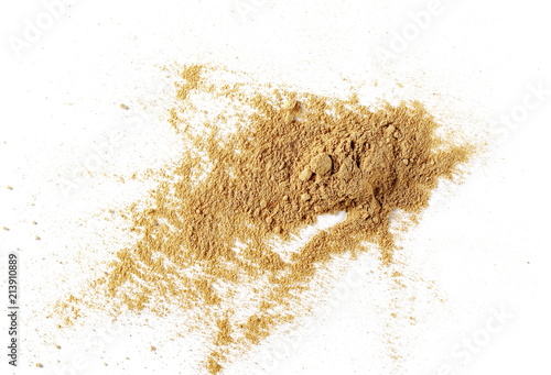 Ginger powder isolated on white background, top view (Zingiber officinale)