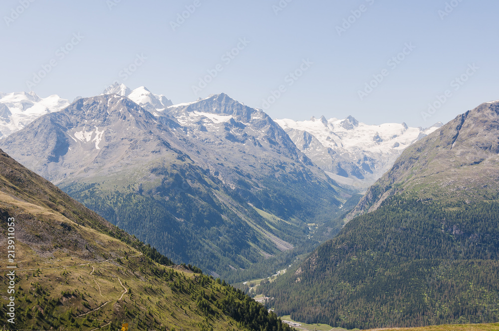 Pontresina, St. Moritz, Muottas Muragl, Val Bernina, Piz Bernina, Val Roseg, Alpen, Oberengadin, Engadin, Rosatschgruppe, Graubünden, Sommer, Schweiz