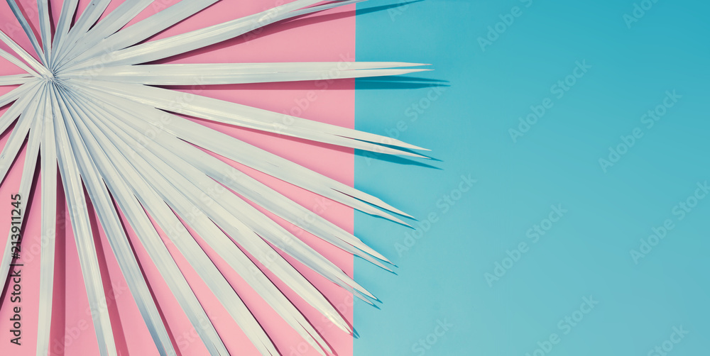 Fototapeta Tropical bright colorful background with exotic painted tropical palm leaves. Minimal fashion summer concept. Flat lay.