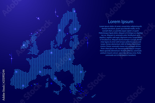 European Union map country abstract silhouette from wavy blue space sinusoid lines and glowing stars. Contour state of creative luminescence curve. Vector illustration.