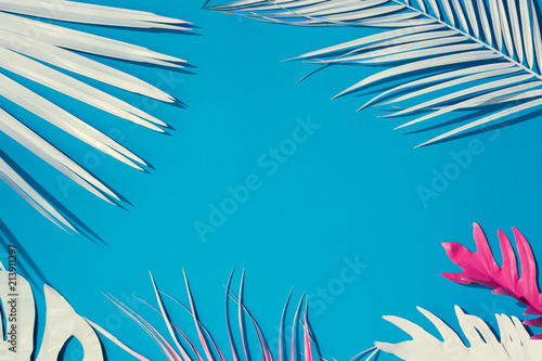 Фототапет Tropical bright colorful background with exotic painted tropical palm leaves