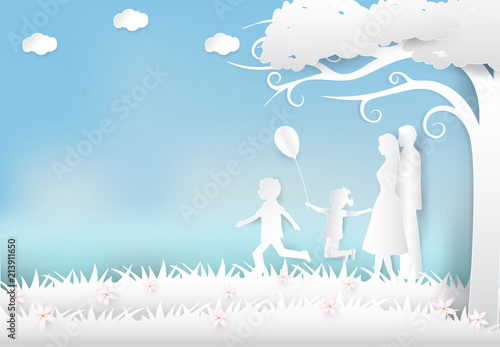 Happy family having fun in the meadow, Happy parents day Paper art background