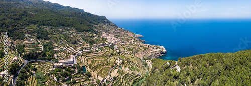 Aerial: Banyalbufar town in Mallorca © castenoid