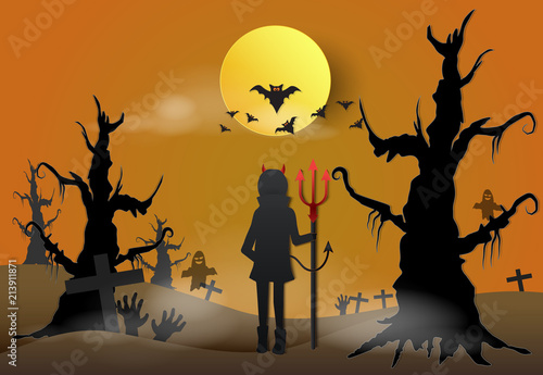 Young devil in dark forest Halloween paper art background concept, paper cut style illustration