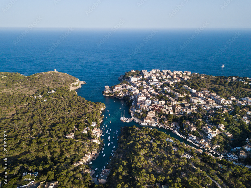 Aerial: The bay of Cala Figuera in Mallorca, Spain