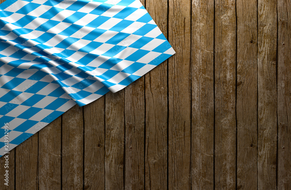 Rustic background for Oktoberfest with bavarian white and blue fabric on wooden - 3D rendering Rustic background for Oktoberfest with bavarian white and blue fabric on wooden - 3D rendering