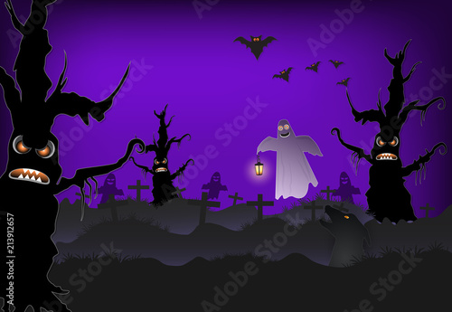 Ghost in cemetery and bat Halloween paper art background, paper cut illustration