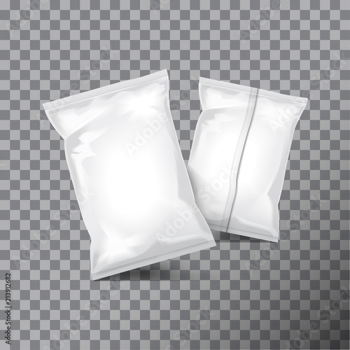 Set of vector white foil bag packaging for food, snack, coffee, cocoa, sweets, crackers, nuts, chips. Plastic pack template