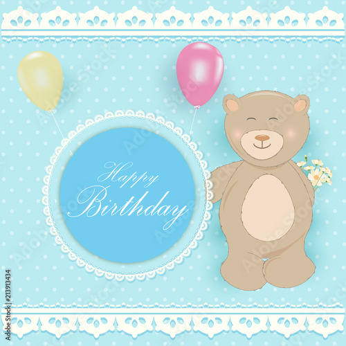 Round retro frame with bear Greeting card, Happy Birthday card