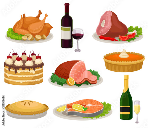 Flat vector set of traditional holiday food and drinks. Tasty meal and beverage. Delicious dishes for dinner. Sweet desserts photo