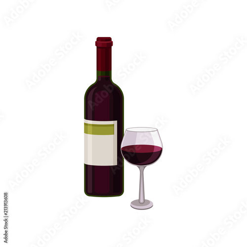 Bottle of red dry wine and glass. Alcoholic beverage. Flat vector element for promo banner or poster of liquor store