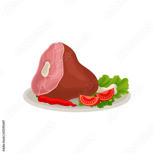 Smoked pork leg with fresh sliced tomatoes, red chili pepper and lettuce leaf. Meat on bone. Appetizing holiday food. Flat vector icon
