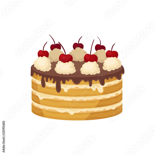 Big layered cake with chocolate glaze, whipped cream and red cherry on top. Delicious holiday dessert. Flat vector design