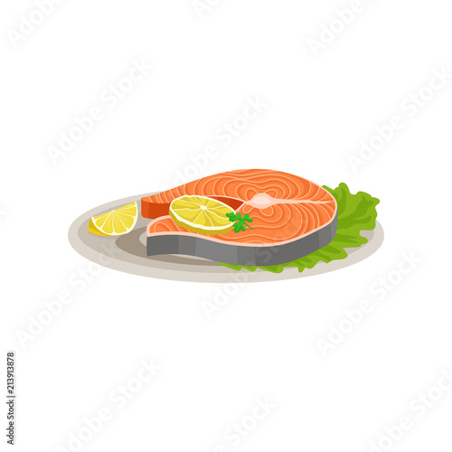 Delicious salmon fish with slices of lemon and fresh lettuce leaf on ceramic plate. Tasty dish for holiday dinner. Flat vector icon