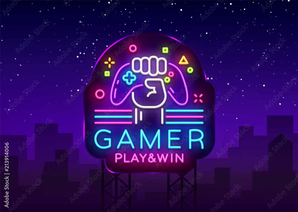 Gamer Play Win Logo Neon Sign Vector Logo Design Template. Game Night Logo  In Neon Style, Gamepad In Hand, Modern Trend Design, Light Banner, Bright  Nightlife Advertisement. Vector Billboard Stock 벡터 |